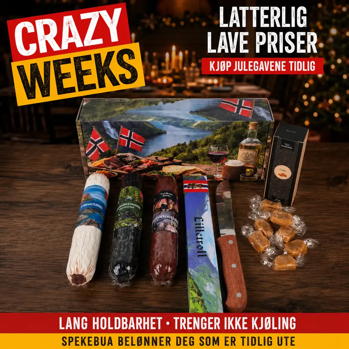 Crazy Weeks Spekepakke med tre spekepølser, karameller og kniv