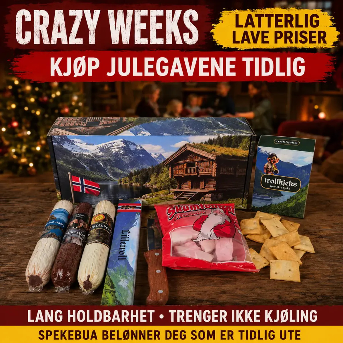 Crazy Weeks Spekepakke med tre pølser, kjeks, nisseskum og kniv