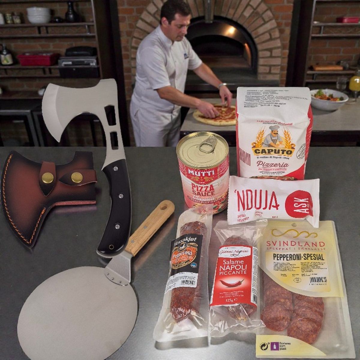 Eksklusivt Pizzasett og Gavesett – Med Pizzaøks, Pizzaspade og Italienske Råvarer