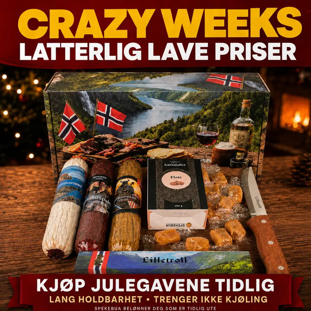 Crazy Weeks Spekepakke med tre pølser, karameller og kniv